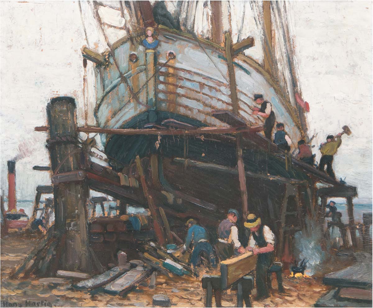 Dopiero wtedy powstaje obraz. Hans Hartig, Neuwarp, Fischkutter im Dock, 40cmx48cm, auktionshaus Satow