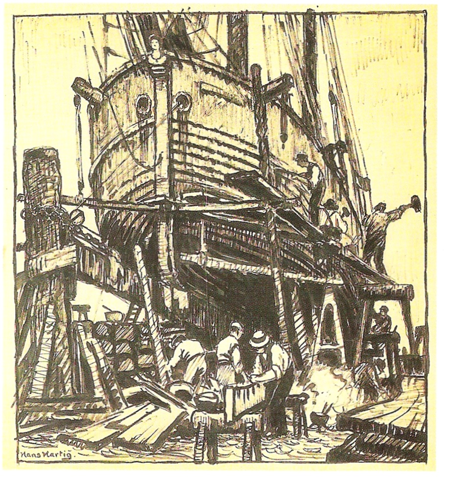 Następnie artysta wykonał szkic piórkiem, Neuwarp, Auf der Werft ,1924, 47cmx43cm