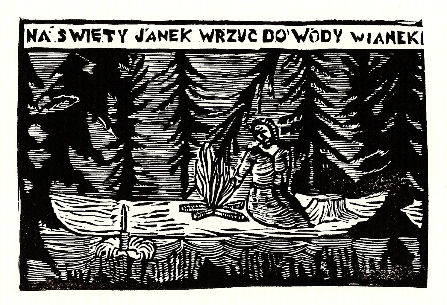 Sylwia Zawiślak, Na św. Janek wrzuć do wody wianek, 2014, grafika na papierze, linoryt, Wielkość arkusza pracy 21 x 29,7 cm