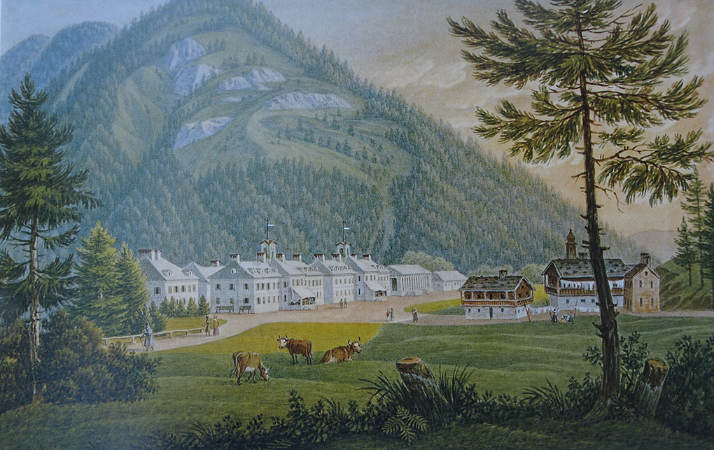 Frans Jaschke, Widok Bad Kreuth w 1827 od strony gór, rysunek podmalowany akwarelą, reprodukcja w: H. Halmbacher, Das Tegernsee Tal in historischen Bildern, Hausham 1982, t. 2, s. 349