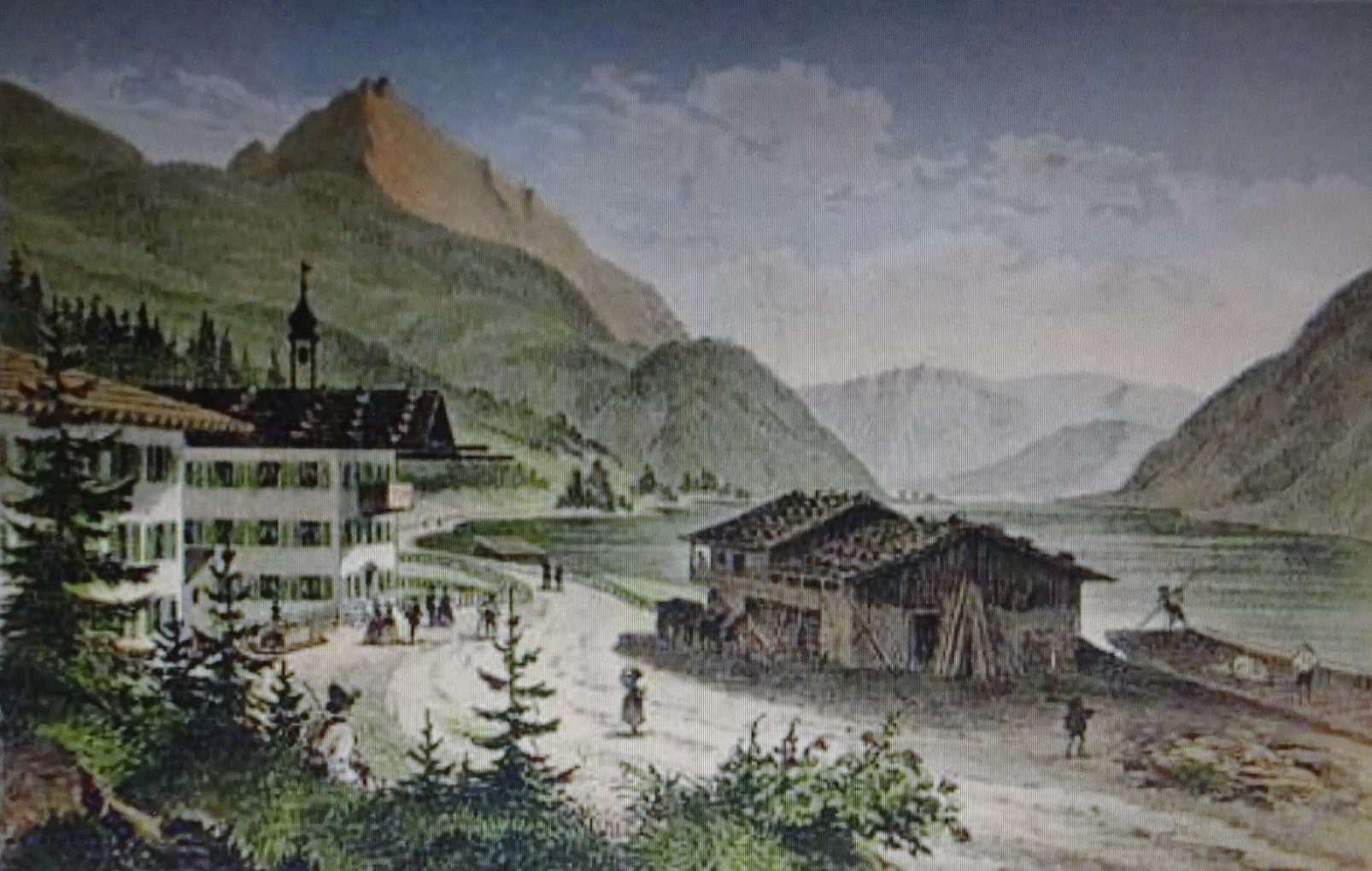 Autor anonimowy, Widok hotelu Scholastyka nad Achensee, około 1840, staloryt barwny na papierze, zbiory prywatne