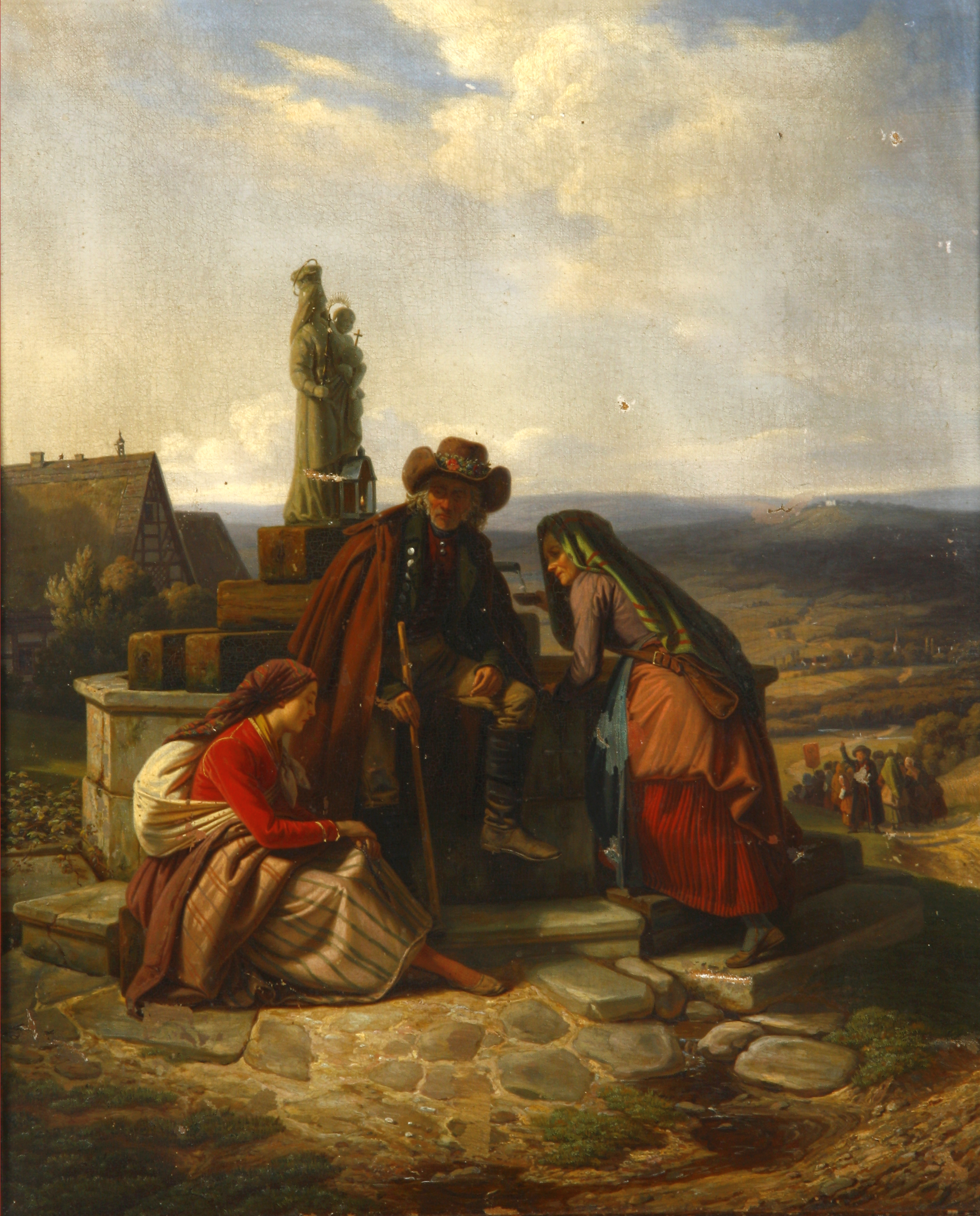Ludwig Most, Bawarscy chłopi podczas pielgrzymki do Maria-Culm, 1843, olej na płótnie, obraz przed konserwacją, Muzeum Narodowe w Szczecinie