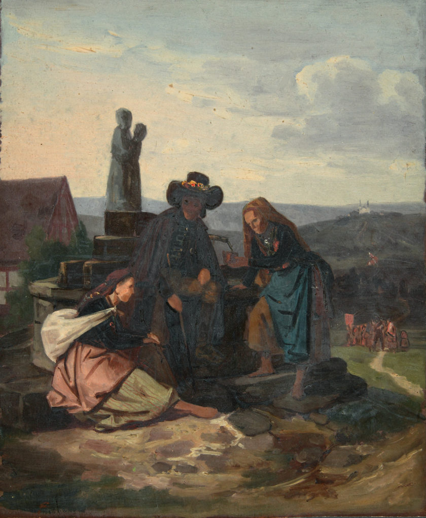 Ludwig Most, studium do obrazu Bawarscy chłopi podczas pielgrzymki do Maria-Culm, około 1843, olej na papierze, po konserwacji, Muzeum Narodowe w Szczecinie