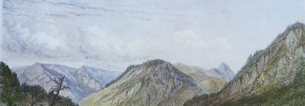Artysta nieznany, Panorama Gór Błękitnych roztaczająca się z Bad Kreuth, fragment ryciny barwnej z około 1822 roku, reprodukcja w: H. Halmbacher, Das Tegernsee Tal in historischen Bildern, Hausham 1982, t. 2, s. 271