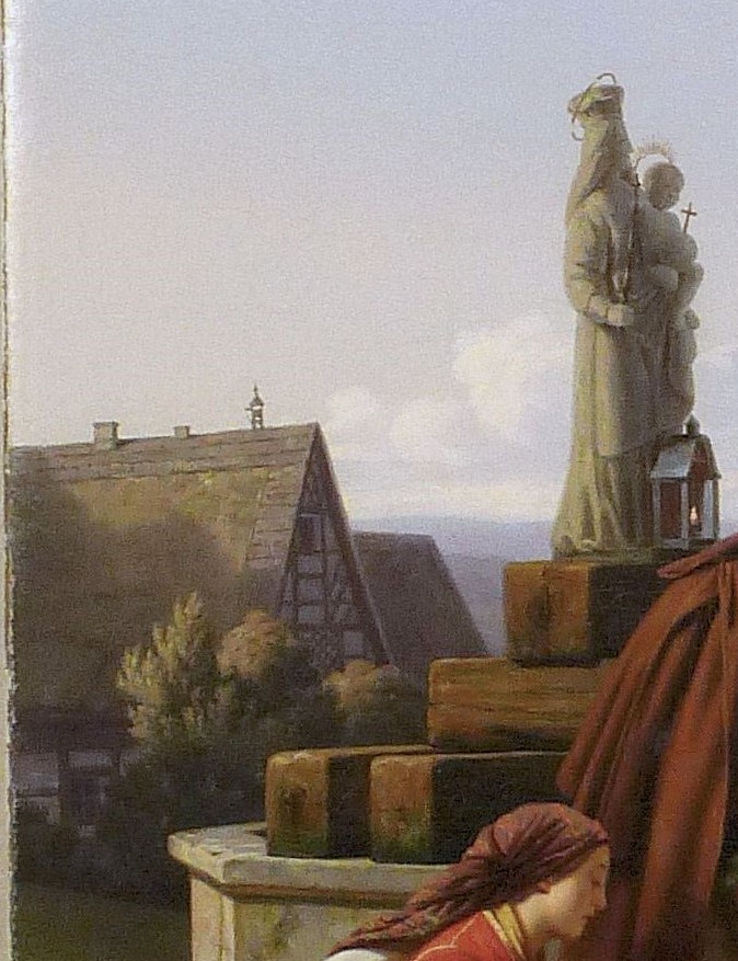 Ludwig Most, Domy wiejskie i studnia, fragment obrazu Bawarscy chłopi podczas pielgrzymki do Maria-Culm, 1843, olej na płótnie, po konserwacji, Muzeum Narodowe w Szczecinie