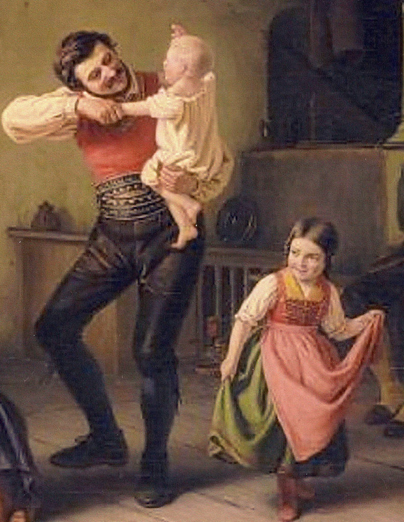 Ludwig Most, Tańczący ojciec z synkiem i córka, 1845, olej na płótnie, fragment obrazu Tyrolska scena rodzinna, Muzeum Narodowe w Szczecinie