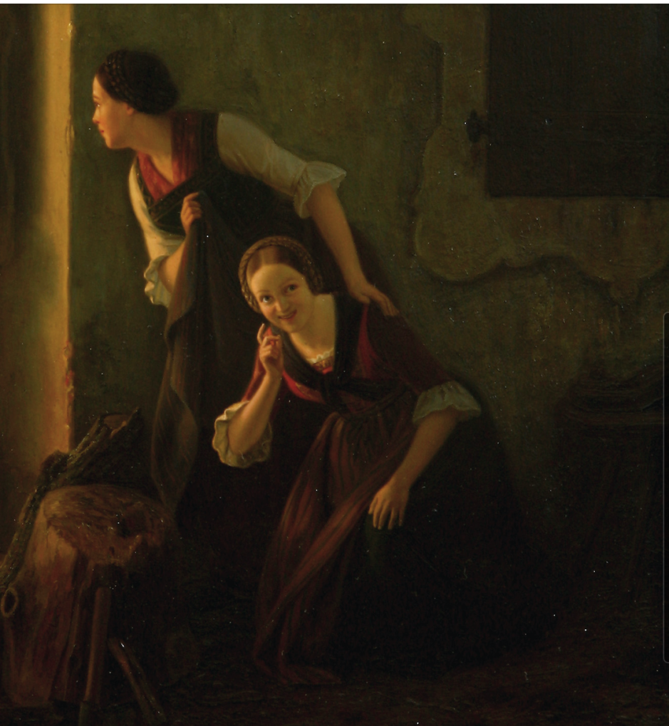 August Ludwig Most, Podglądające dziewczęta, fragment obrazu Podsłuchiwana randka, 1844, olej na płótnie, Muzeum Narodowe w Szczecinie