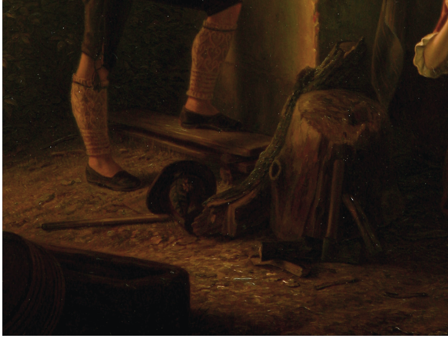 August Ludwig Most, Pień, ułamany konar, szczapy, siekiera i rzucony kapelusz, fragment obrazu Podsłuchiwana randka, 1844, olej na płótnie, Muzeum Narodowe w Szczecinie