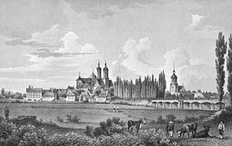 Panorama Wurzen, około 1850, grafika na papierze, reprodukcja w: https://de.wikipedia.org/wiki/Wurzen– dostęp 25.11.2019
