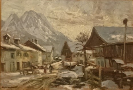Garmisch-Partenkirchen z górami w tle, olej na płótnie, nie datowany, własność doktora Zygmunta Niedźwiedzia