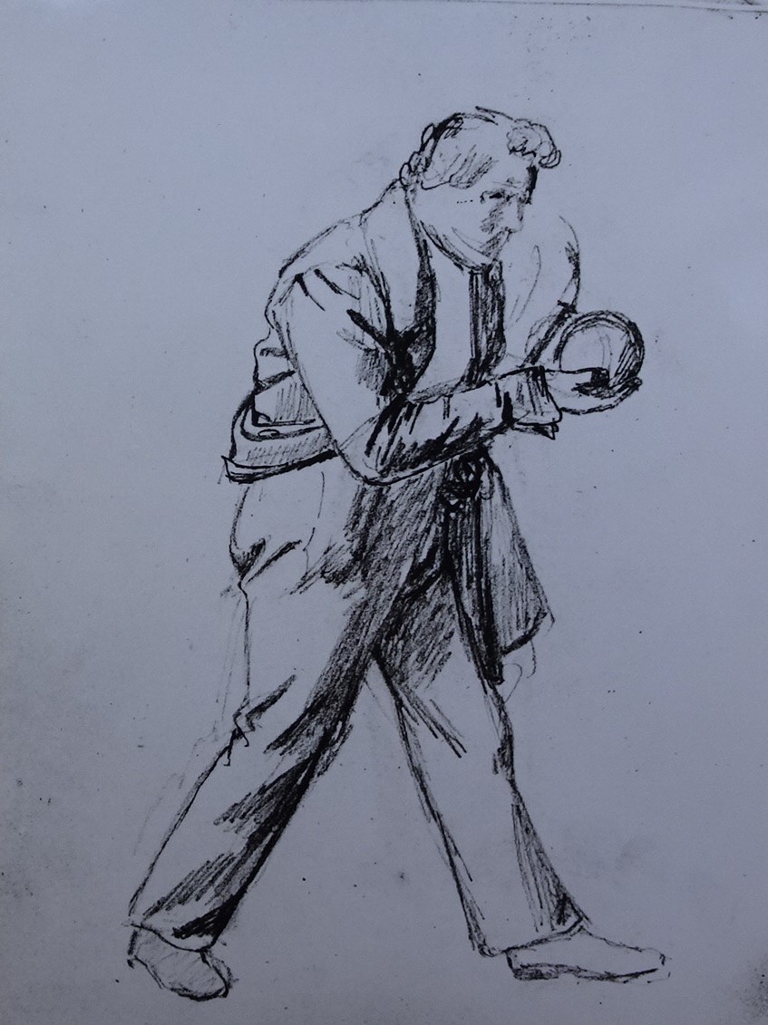 Ludwig Most, Szkic postaci mężczyzny szykującego się do rzutu kulą, nie datowany, ołówek na papierze welinowym, Muzeum Narodowe w Szczecinie