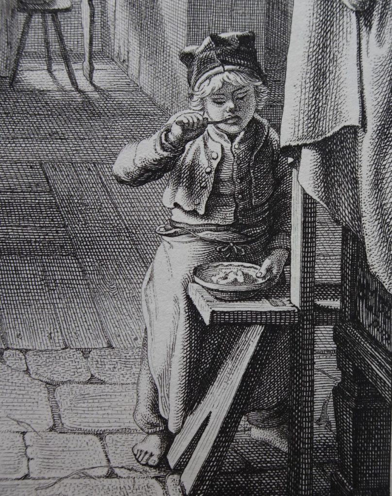 Christian Ernst Stölzel, według Ludwiga Mosta, Jedzący chłopiec, fragment kompozycji Kolegium prasowe, akwaforta na papierze, 1832, Muzeum Narodowe w Szczecinie