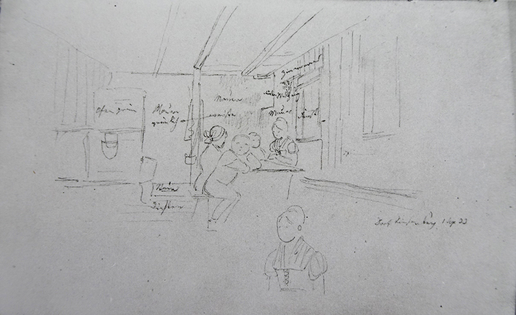 Ludwig Most, Wnętrze klasy szkolnej, 1.09.1833, ołówek, papier welinowy, rysunek w szkicowniku nr 6, karta 6 verso, Muzeum Narodowe w Szczecinie