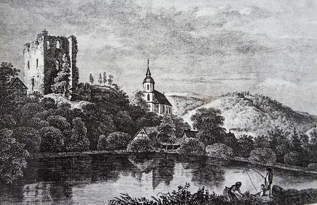 Autor anonimowy, Widok Tharandt z ruiną zamku na wzgórzu, pierwsza połowa XIX wieku, akwaforta, własność prywatna