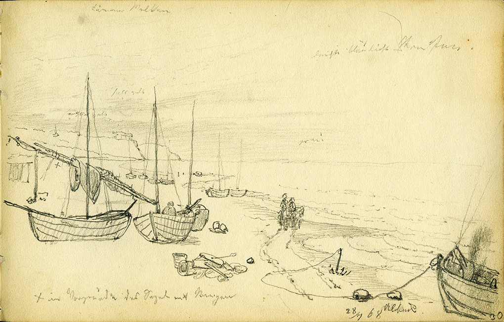 August Ludwig Most, Plaża w Ahlbecku, 28.07.1868, ołówek na papierze welinowym, Szkicownik XIV, karta 30, Muzeum Narodowe w Szczecinie.