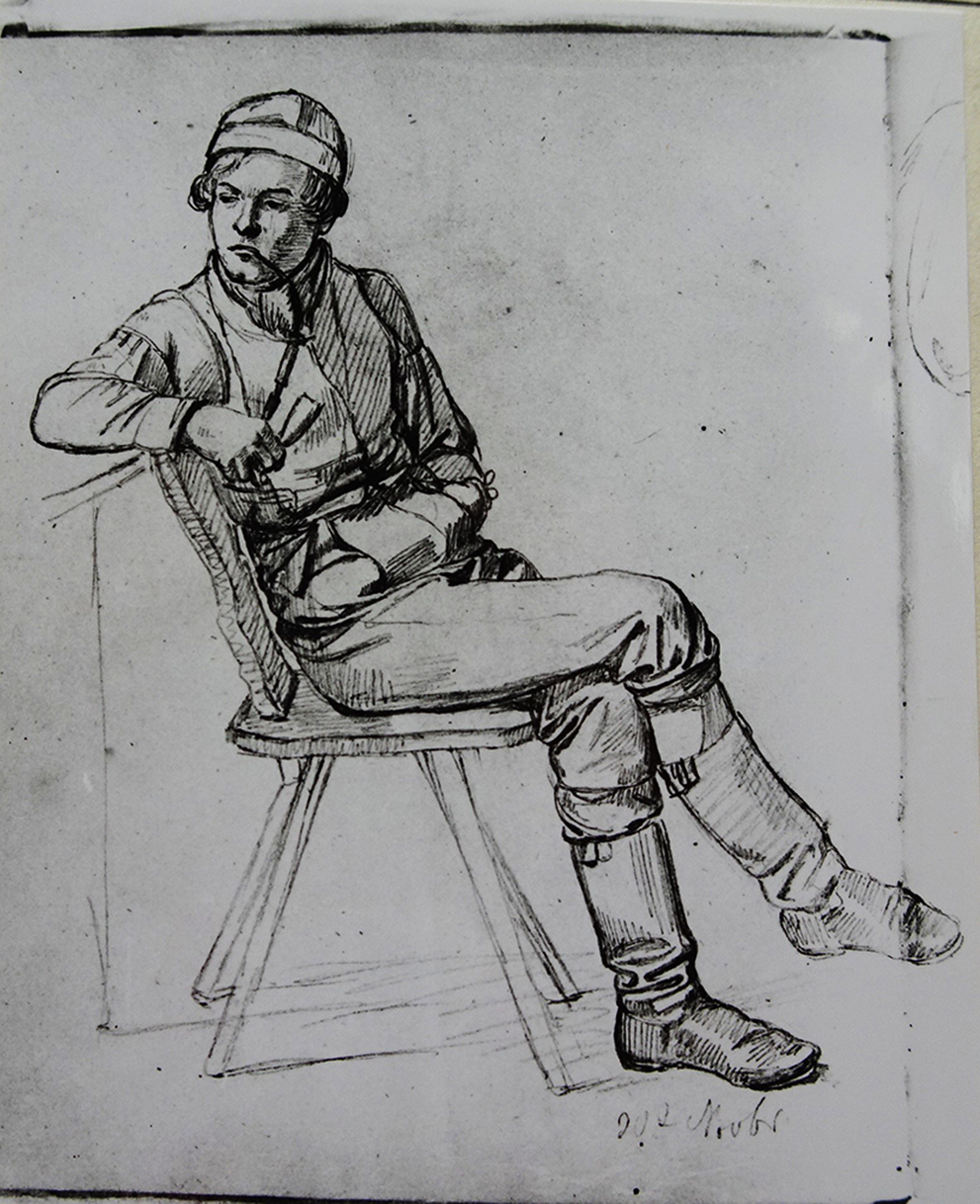 Ludwig Most, Studium gościa palącego fajkę, 30 listopada 1830, ołówek, papier welinowy, rysunek w szkicowniku nr II, karta 3, odwrocie, Muzeum Narodowe w Szczecinie