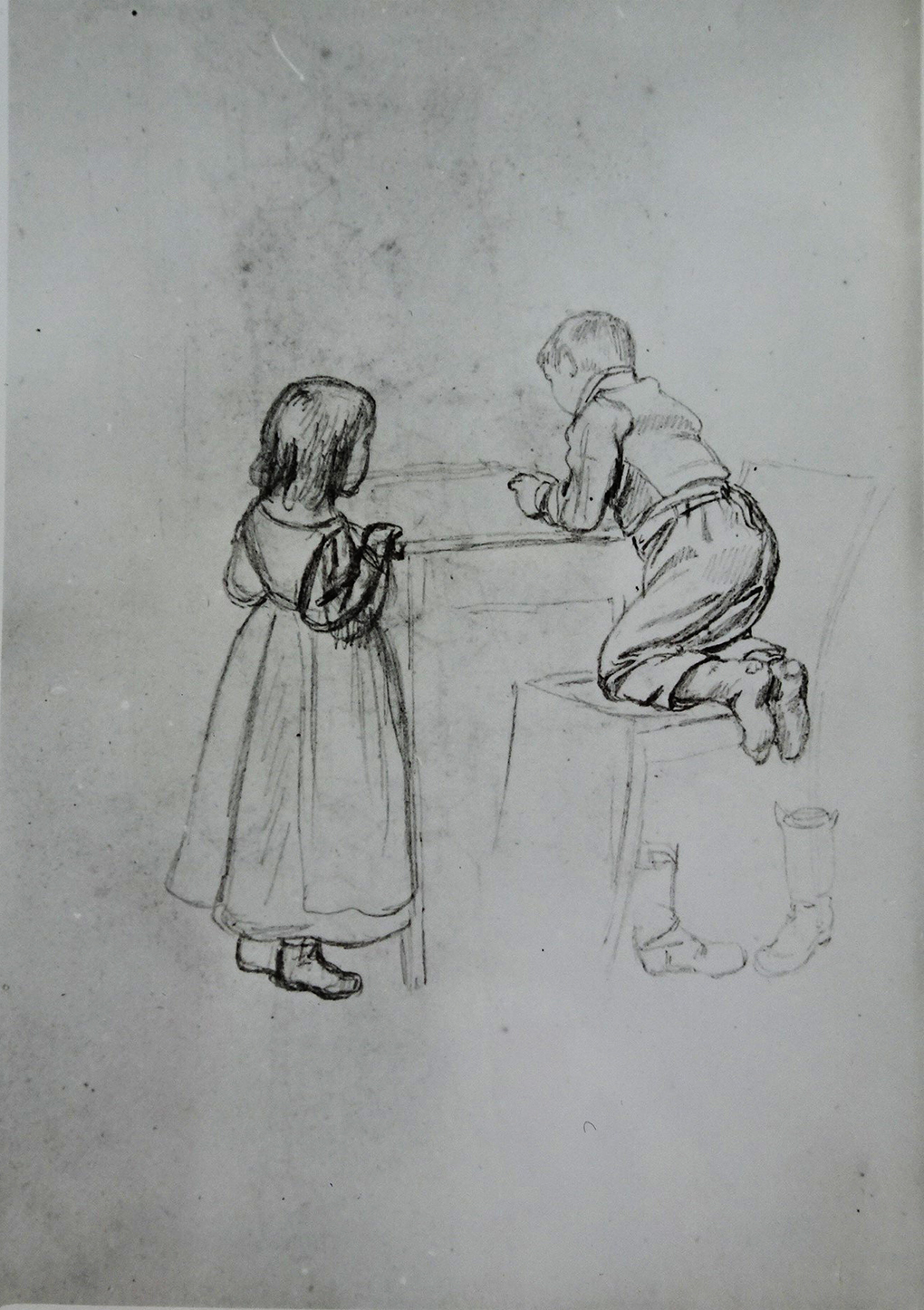  Ludwig Most, Dwoje dzieci przy stole, niedatowany, ołówek, papier welinowy, rysunek w szkicowniku nr II, karta 6, odwrocie, Muzeum Narodowe w Szczecinie