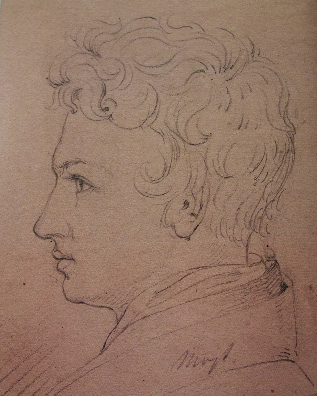 Ludwig Most, Autoportret z profilu, 19 lipca 1826, ołówek na papierze welinowym, Szkicownik nr I, karta 7, Muzeum Narodowe w Szczecinie