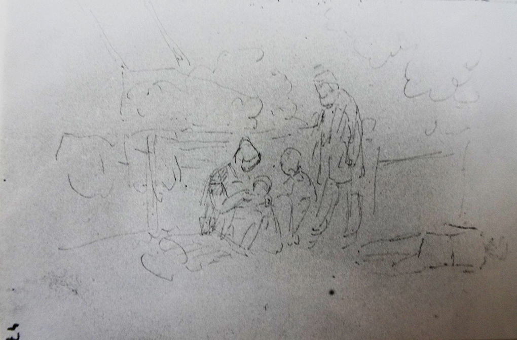 Ludwig Most, Rodzina rybacka na plaży, nie datowany, ołówek, papier welinowy, szkic do jednej z wersji kompozycji Wieczór nad Bałtykiem, szkicownik nr XII, karta 47, Muzeum Narodowe w Szczecinie