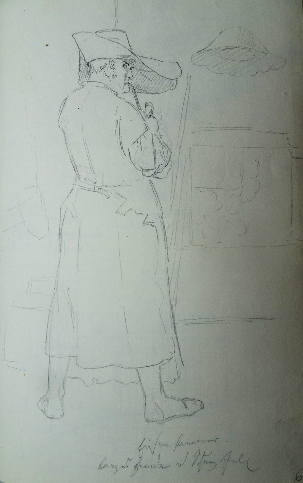Ludwig Most, Stojący hutnik, sierpień 1835, ołówek na papierze czerpanym, Szkicownik nr 7, szkic na karcie 6, Muzeum Narodowe w Szczecinie