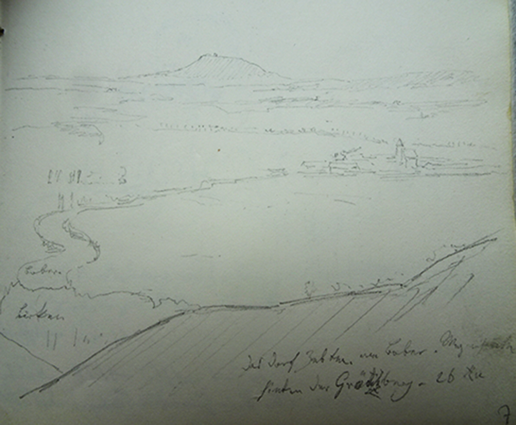 Ludwig Most, Grodziec, 26 sierpnia 1835, ołówek na papierze czerpanym, Szkicownik nr 7, szkic na karcie 7, Muzeum Narodowe w Szczecinie