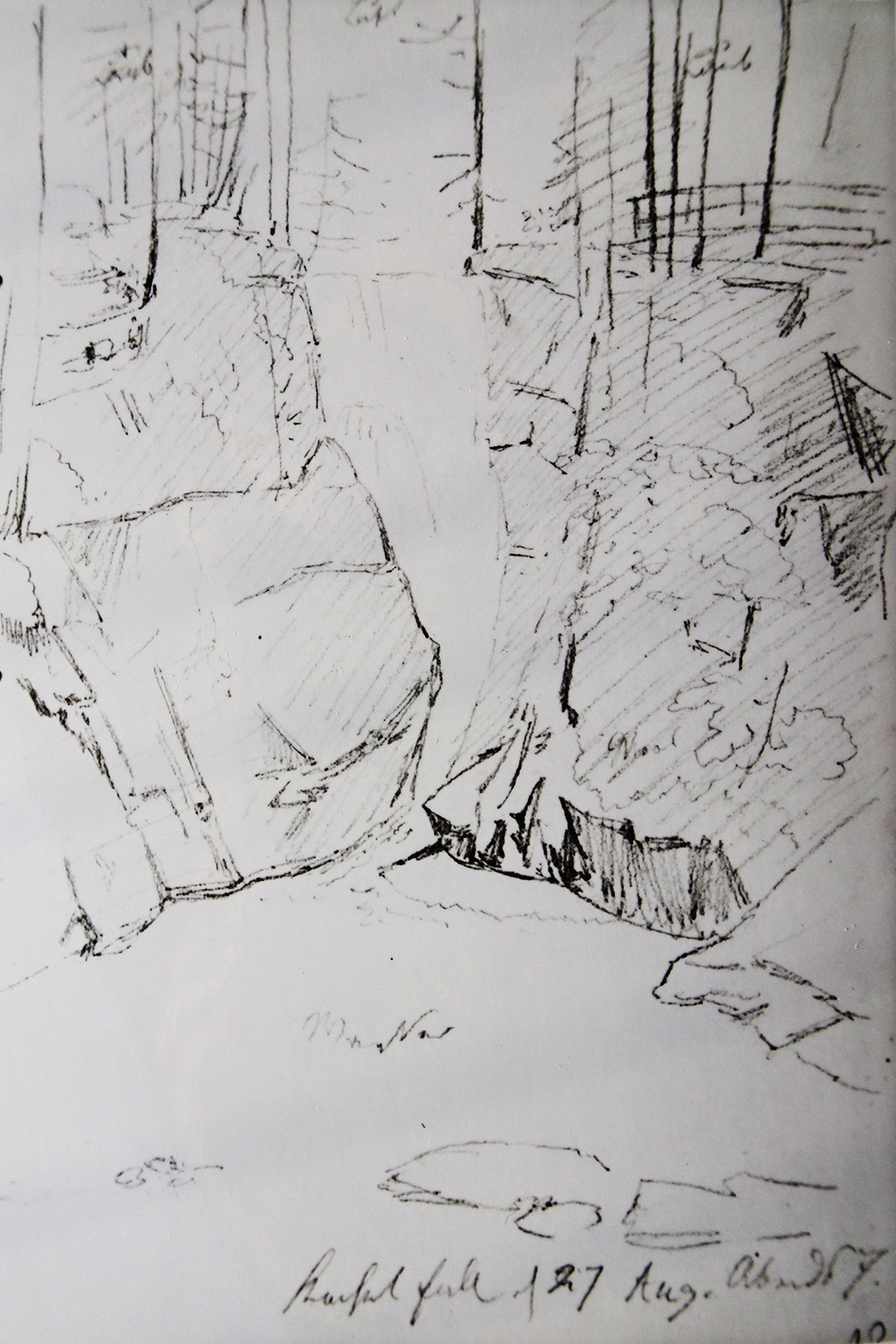 Ludwig Most, Wodospad Szklarki, 27.08.1835, ołówek, papier czerpany welinowy, Szkicownik nr VII, karta 10, Muzeum Narodowe w Szczecinie