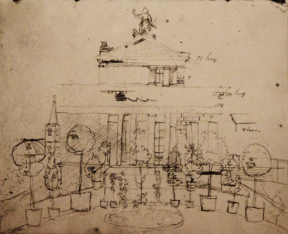 Ludwig Most, Widok klasycystycznej budowli, nie datowany (1825/1826), ołówek, papier czerpany welinowy, Szkicownik nr 1, karta 5, Muzeum Narodowe w Szczecinie