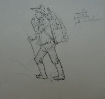 Most wandert in den Bergen, Bleistiftzeichnung im Skizzenbuch VII, Landesmuseum Stettin