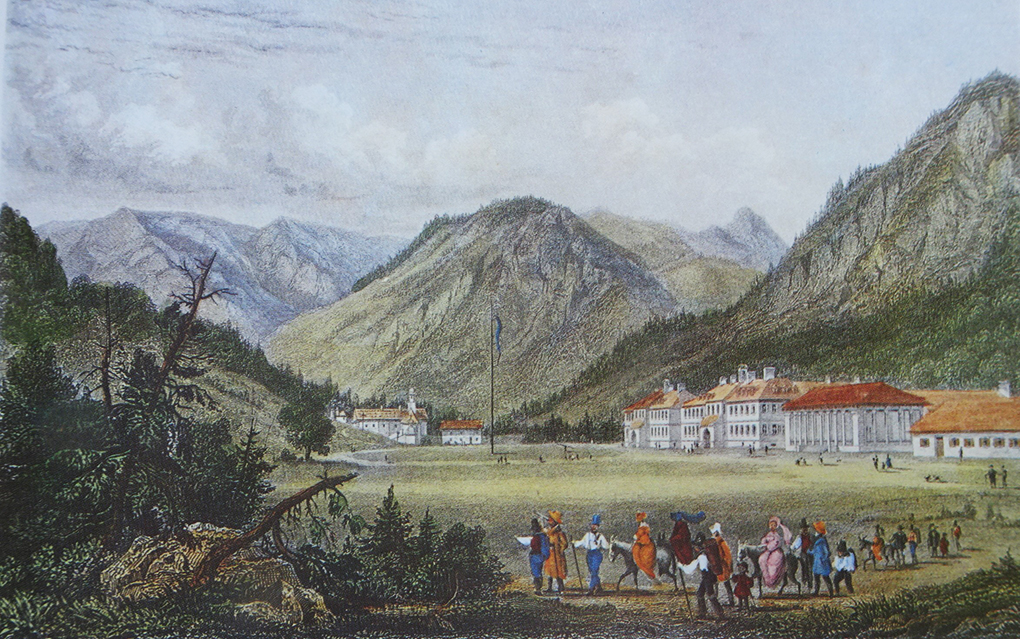 Künstler unbekannt, Ansicht von Bad Kreuth um 1822, Farbstich, Reproduktion in: H. Halmbacher, Das Tegernsee Tal in historischen Bildern, Hausham 1982, Bd. 2, S. 271