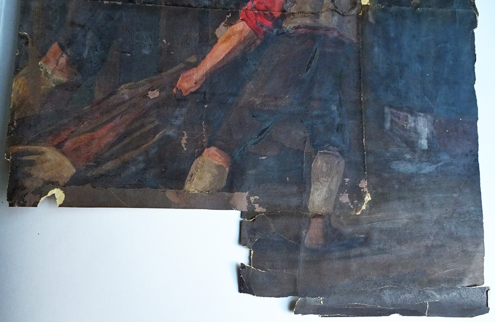 Das untere Stück beschädigtes Papier, auf das Most die Studie Die Rückkehr des Jägers gemalt hat, 1858, Öl auf Papier, Nationalmuseum in Stettin