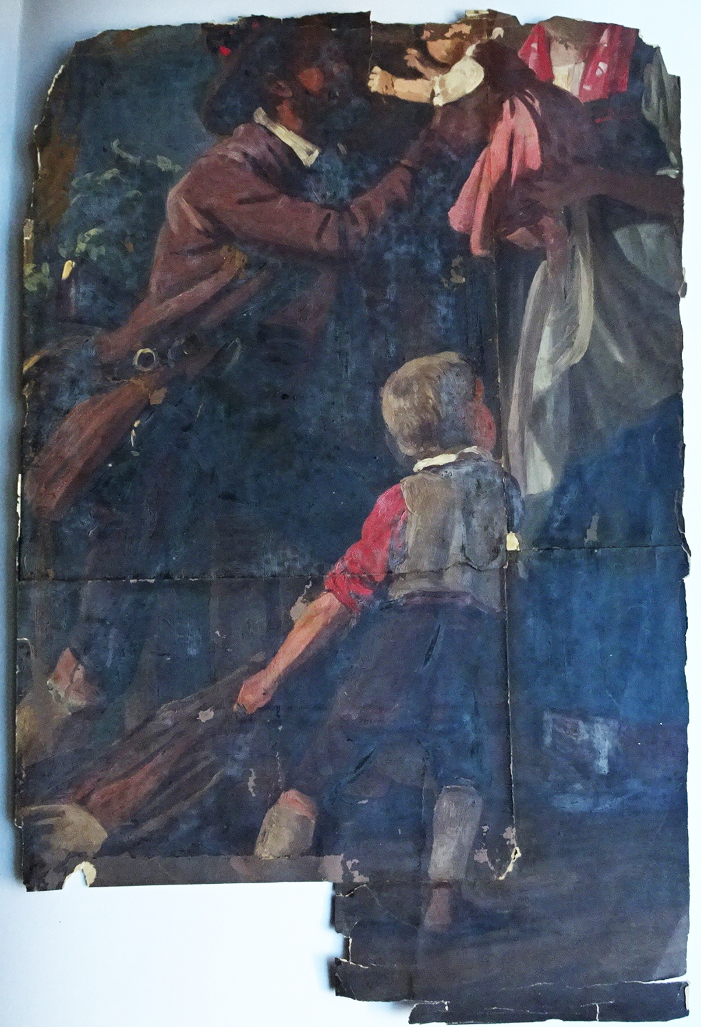 Ludwig Most, Die Rückkehr des Jägers, 1858, Studie für das gleichnamige Gemälde Öl auf Papier, vor der Konservierung, Nationalmuseum in Stettin