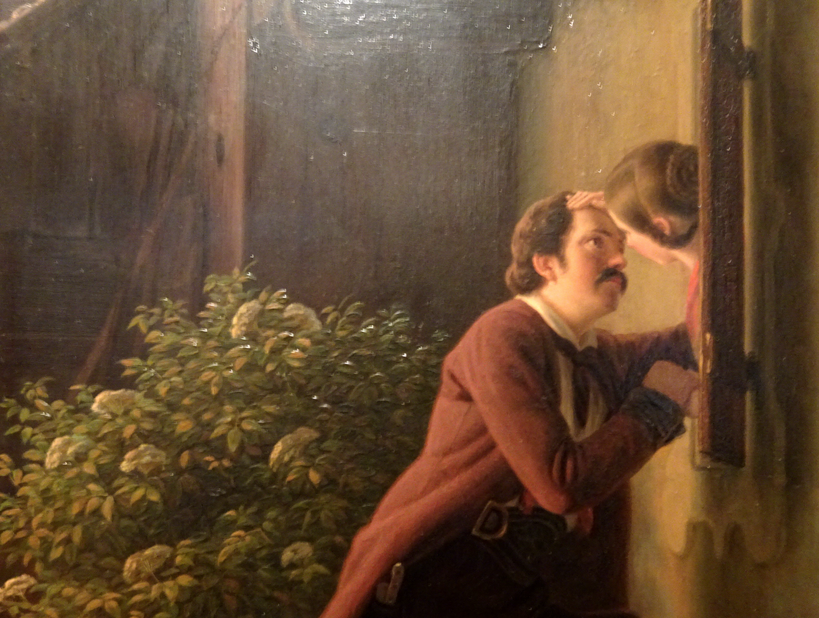 August Ludwig Most, Gespräch der Liebenden, Fragment des Gemäldes Belauschtes Rendezvous, 1844, Öl auf Leinwand, Nationalmuseum in Stettin