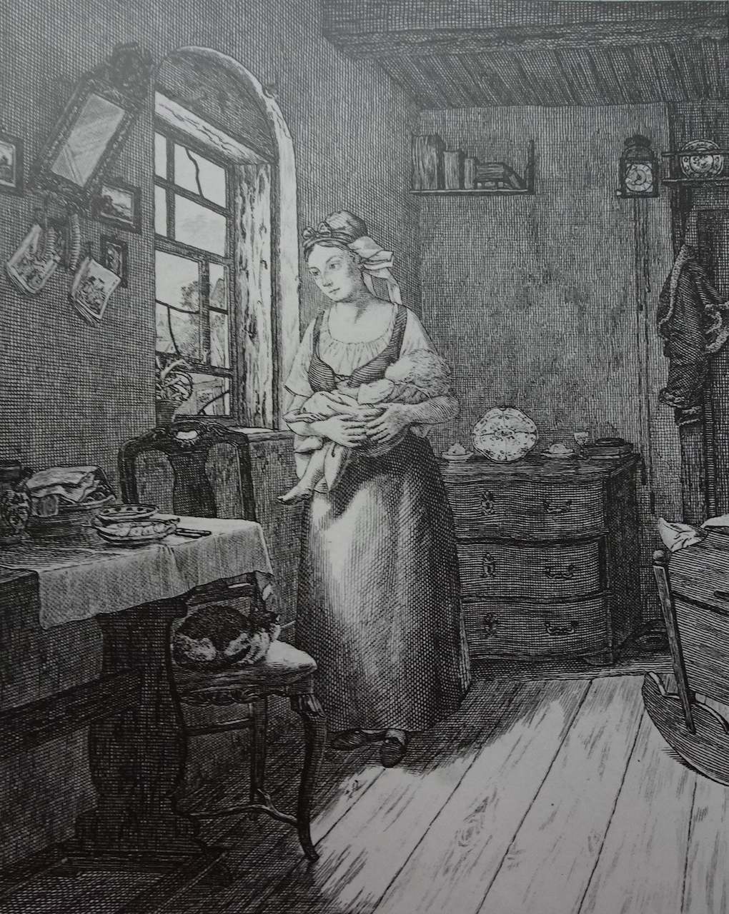 Pötschke według Ludwiga Mosta, Oczekująca (Kobieta wyczekująca męża), 1832, miedzioryt, akwaforta na papierze, rycina reprodukcyjna, Muzeum Narodowe w Szczecinie