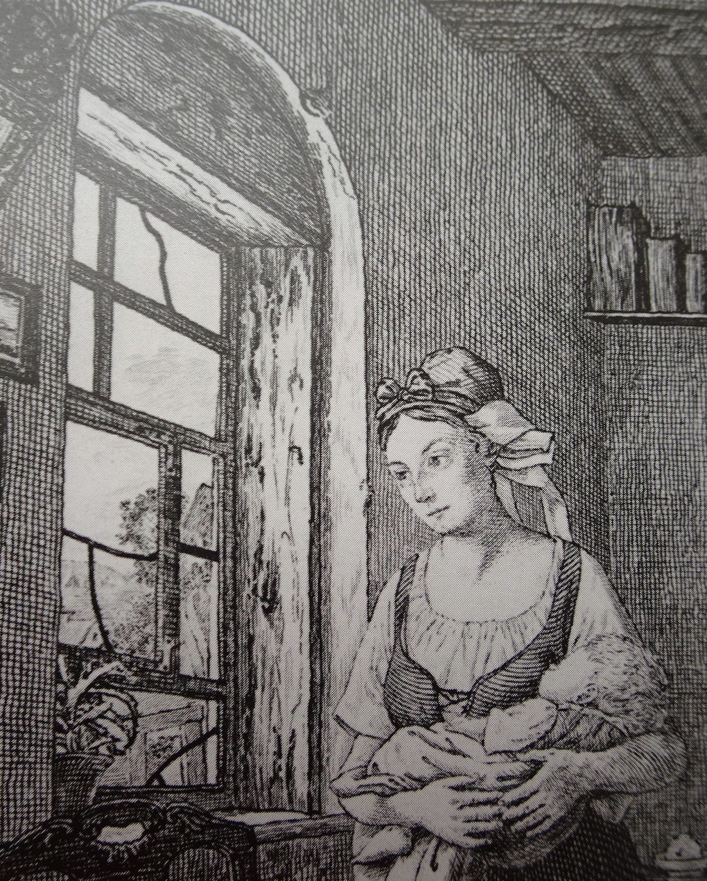 Pötschke według Ludwiga Mosta, Widok przez okno, fragment grafiki według obrazu Oczekująca (Kobieta wyczekująca męża), 1832, miedzioryt, akwaforta na papierze, rycina reprodukcyjna, Muzeum Narodowe w Szczecinie