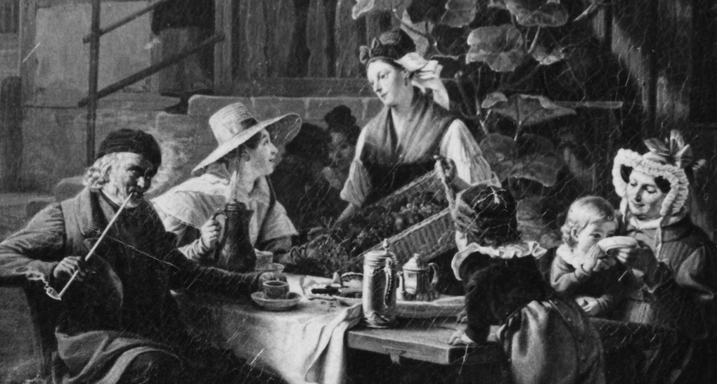 Ludwig Most, Towarzystwo przy stole, fragment obrazu Niedzielna wycieczka w ogrodzie gospody, 1834, olej na płótnie, własność prywatna, zdjęcie archiwalne w MNS