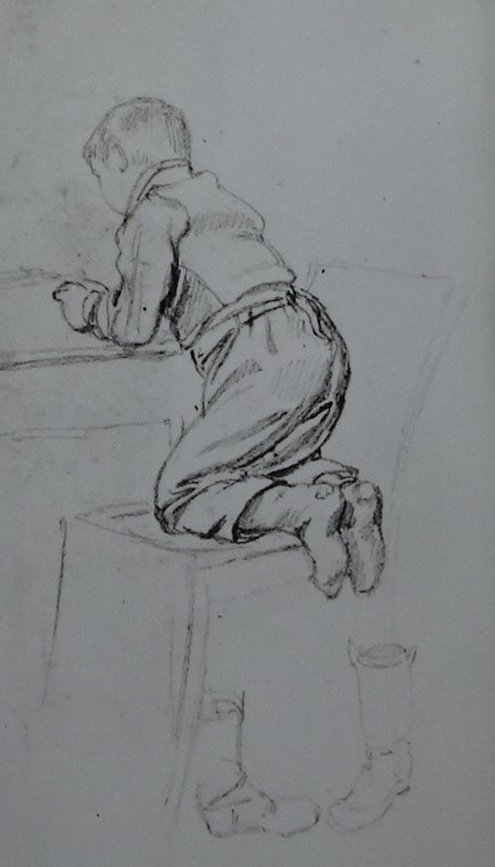 Ludwig Most, Chłopiec klęczący tyłem na krześle, nie datowany, ołówek na papierze welinowym, rysunek w szkicowniku nr 2, Muzeum Narodowe w Szczecinie