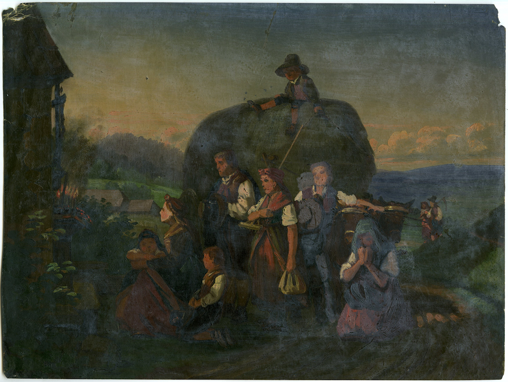 Ludwig Most, Wieczorna modlitwa czeskich chłopów, 1851, studium do obrazu, olej na papierze, Muzeum Narodowe w Szczecinie
