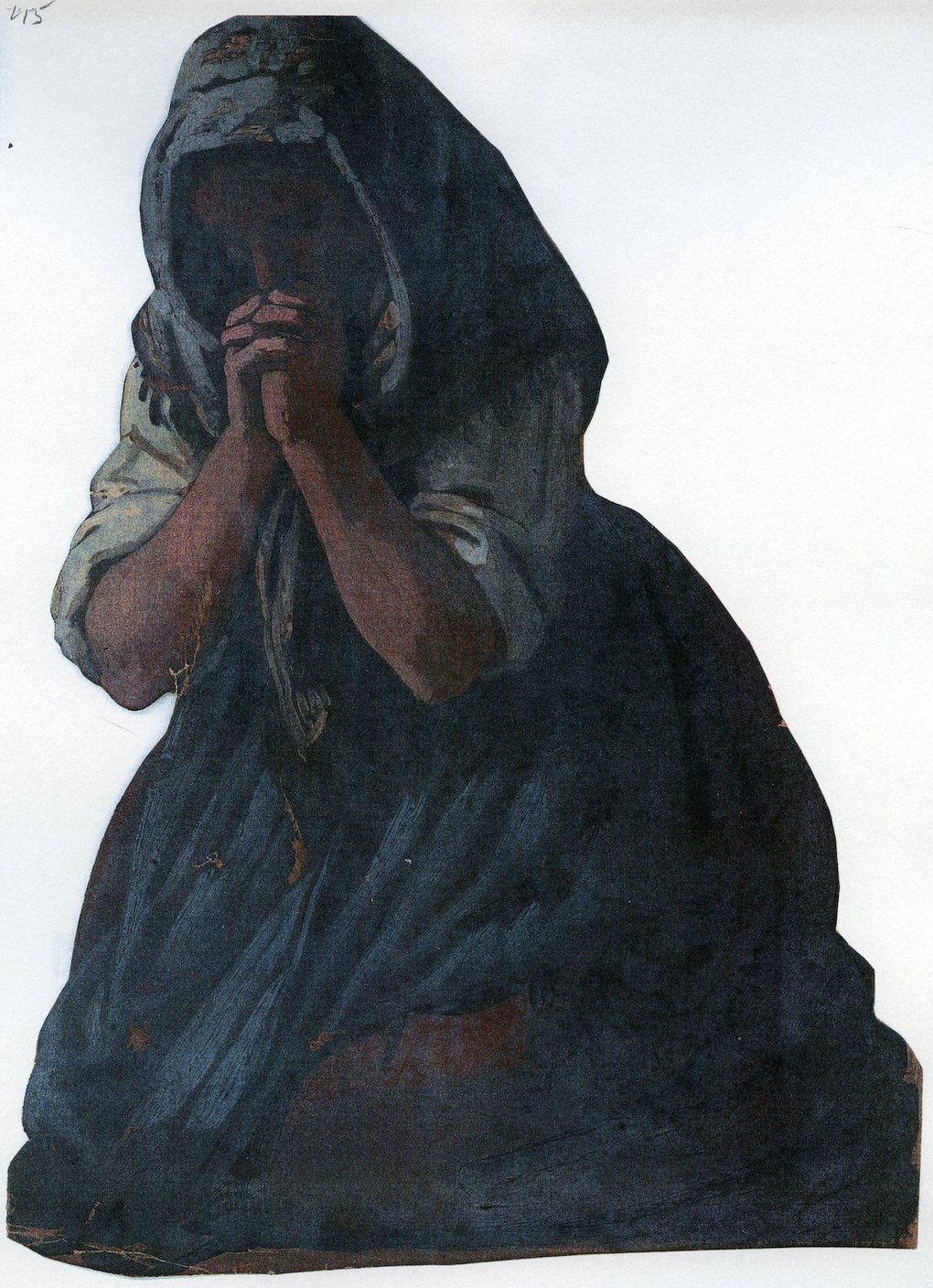 Ludwig Most, Kobieta modląca się na klęczkach, 1851, studium postaci do obrazu Wieczorna modlitwa czeskich chłopów, olej na papierze, Muzeum Narodowe w Szczecinie