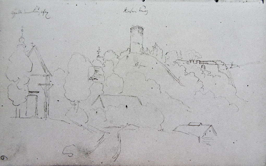 Ludwig Most, Widok grodu Riesenburg, 31.08.1833, ołówek, papier welinowy, rysunek w szkicowniku nr 6, karta 6, Muzeum Narodowe w Szczecinie