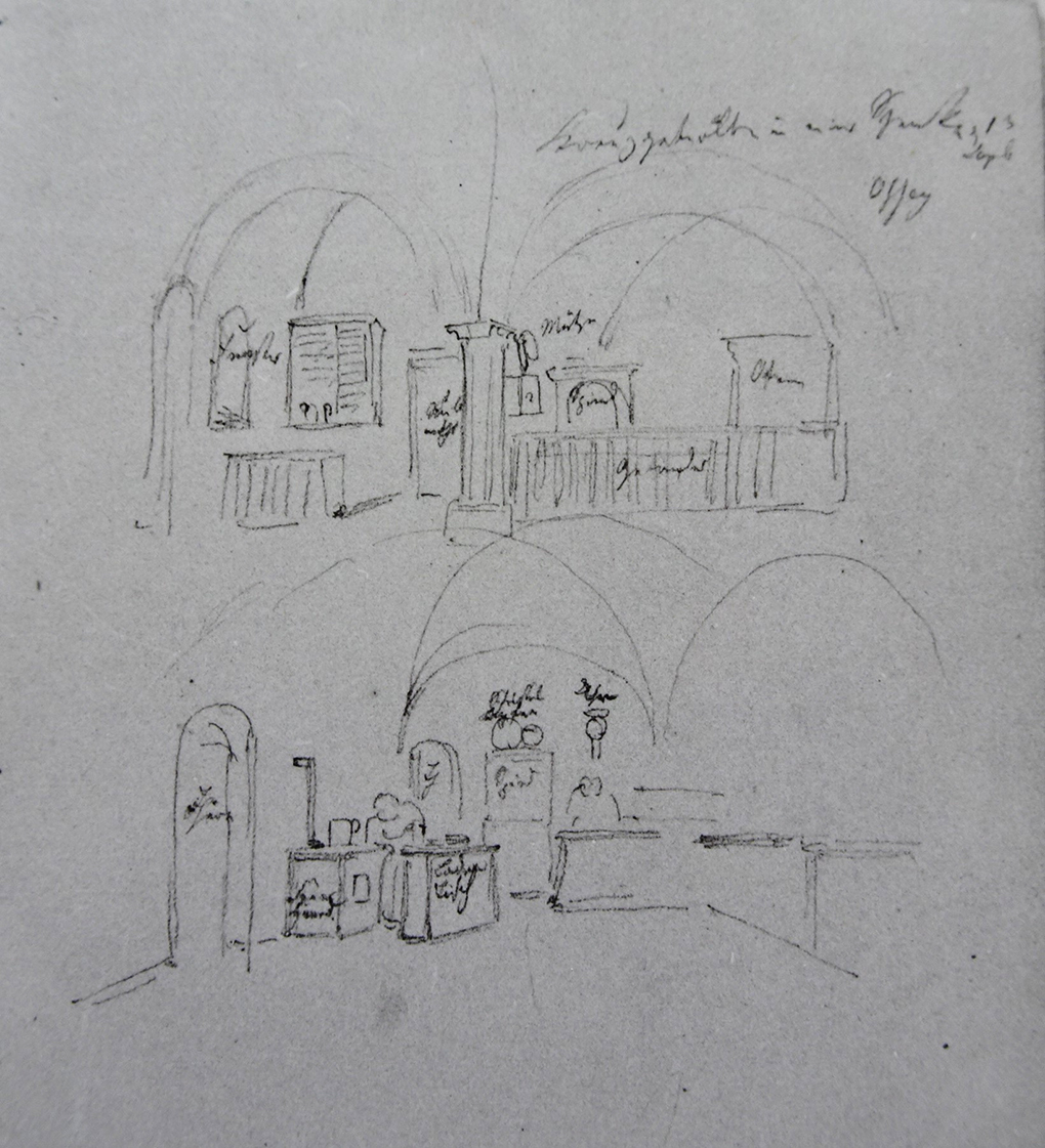 Ludwig Most, Wnętrze karczmy, 3.09.1833, ołówek, papier welinowy, rysunek w szkicowniku nr 6, karta 7, Muzeum Narodowe w Szczecinie