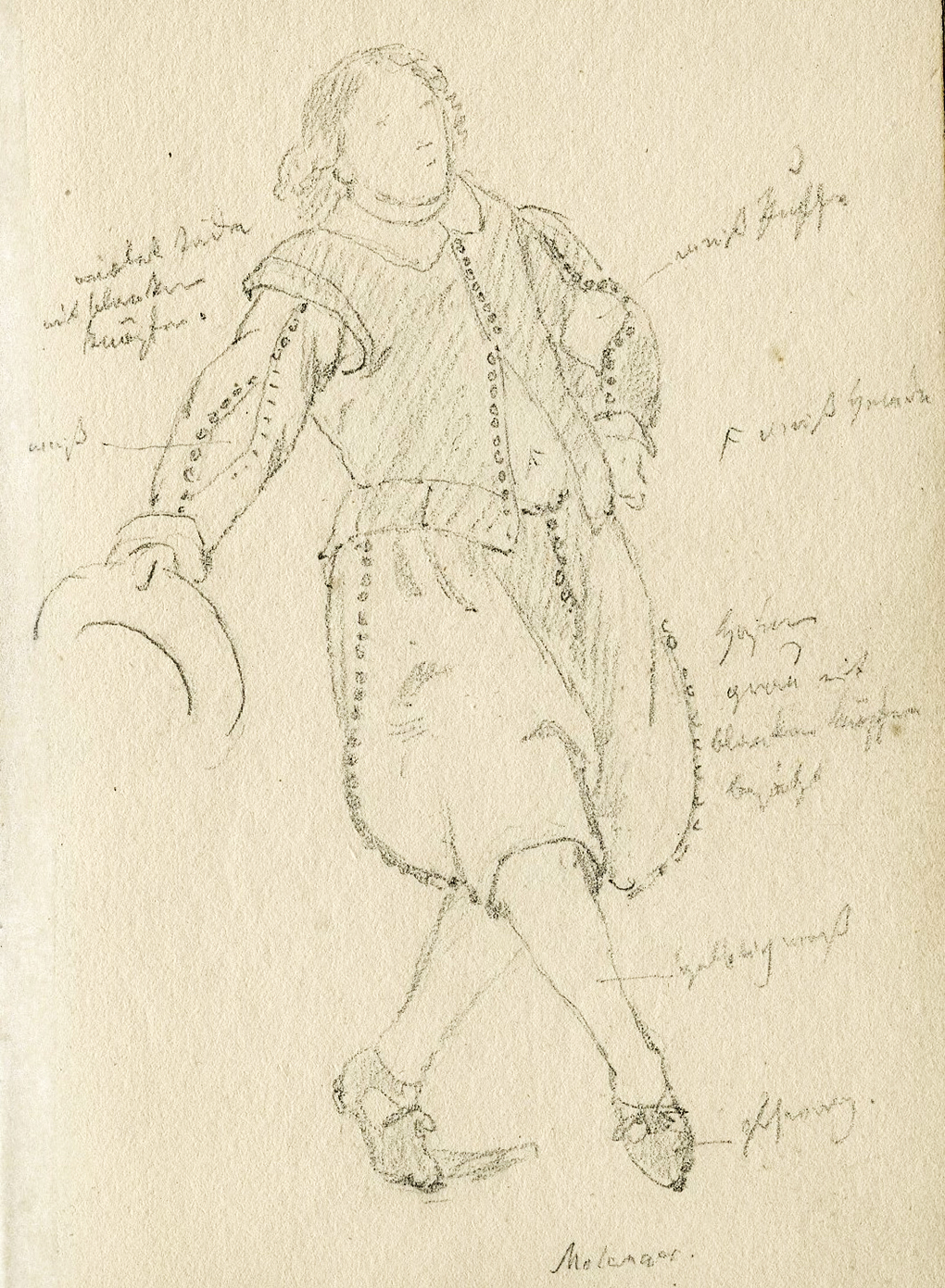 Ludwig Most, Verbeugung männliche Figur, um 1846, Bleistift, Pergamentpapier, Zeichnung im Skizzenbuch Nr. 12, Karte 32, Nationalmuseum in Stettin