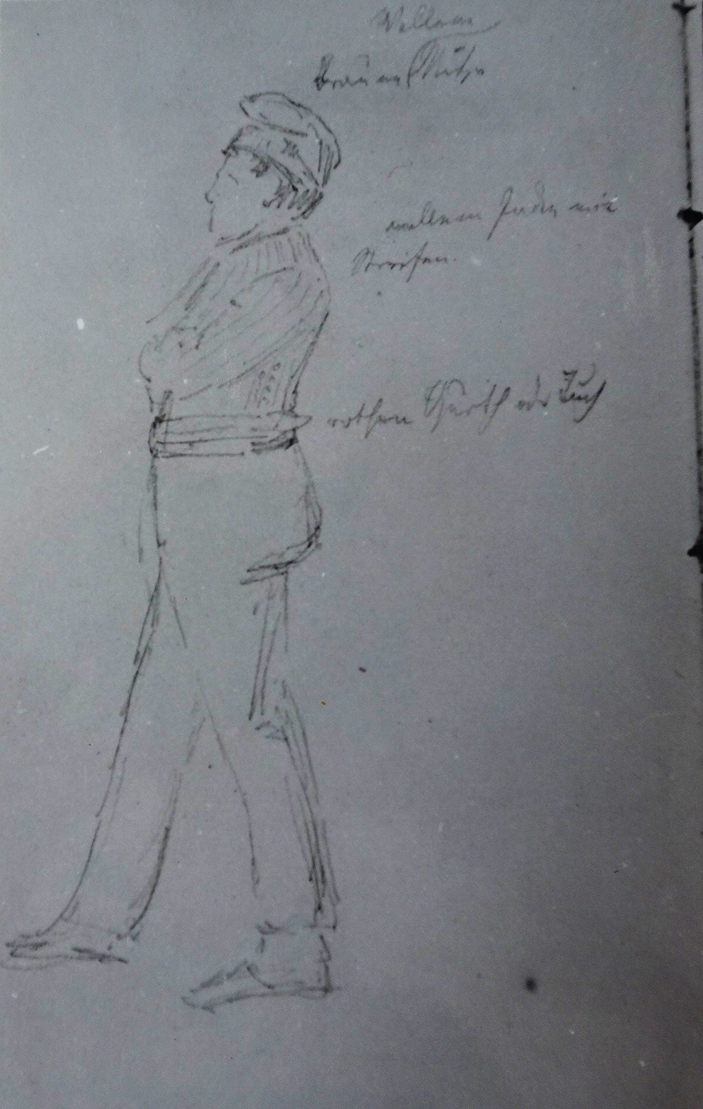 August Ludwig Most, Fischer im Profil, nicht datiert, 1836? Bleistift auf Vellinpapier, Skizzenbuch VI, Karte 56, Nationalmuseum in Stettin