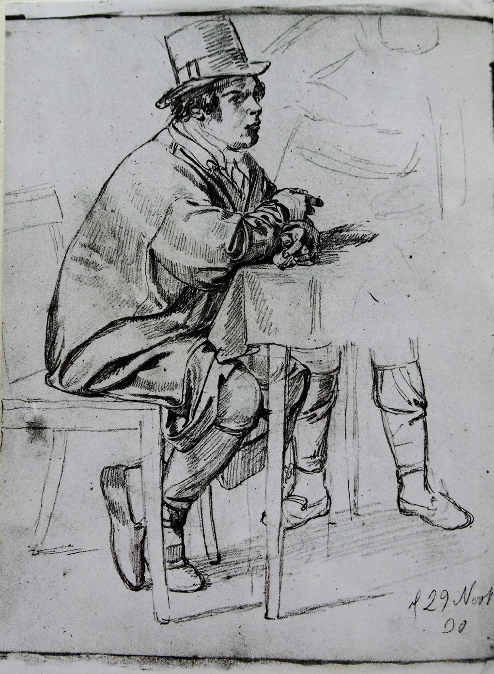Ludwig Most, Studium gościa siedzącego za stołem, 29 listopada 1830, ołówek, papier welinowy, rysunek w szkicowniku nr II, karta 2, odwrocie, Muzeum Narodowe w Szczecinie