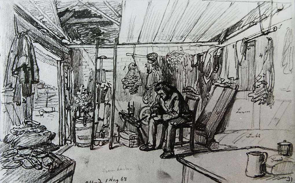 Ludwig Most, Wnętrze chaty rybackiej, 1.08.1868, ołówek, papier welinowy, szkicownik nr XIV, karta 31, Muzeum Narodowe w Szczecinie