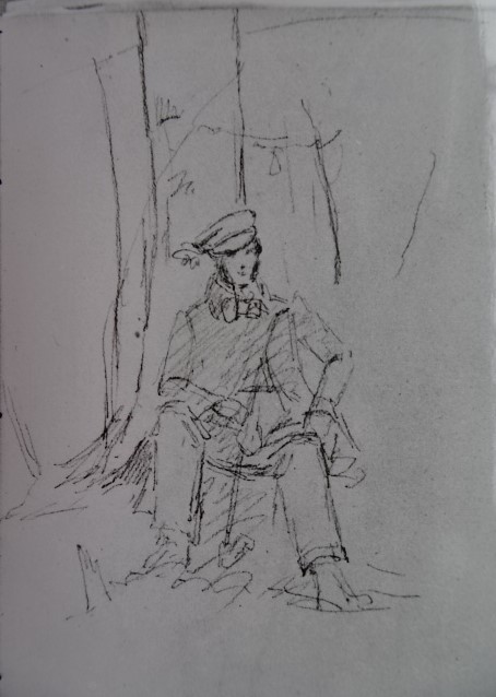 Ludwig Most, Mężczyzna odpoczywający w lesie, nie datowany lata 1830., Szkicownik nr IV, karta 48, Muzeum Narodowe w Szczecinie