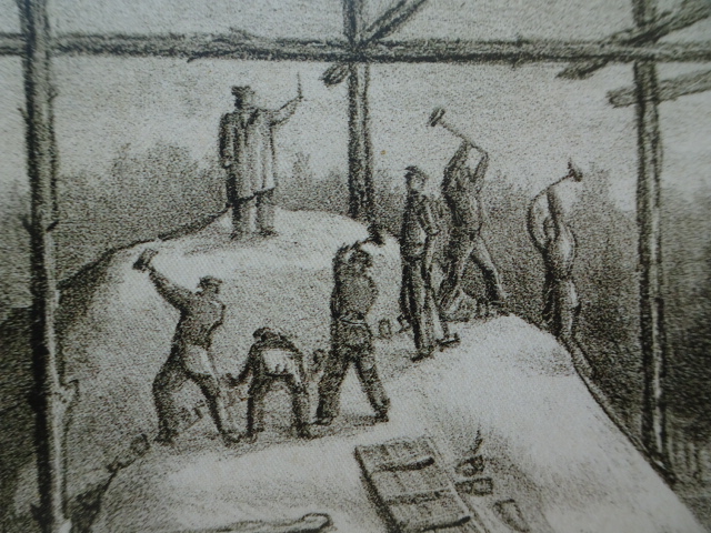 Ludwig Most, Kamieniarze pracują przy rozłupaniu głazu, fragment grafiki Rozłupanie Kamienia Margrabiego, 1830, litografia, papier czerpany welinowy, Muzeum Narodowe w Szczecinie