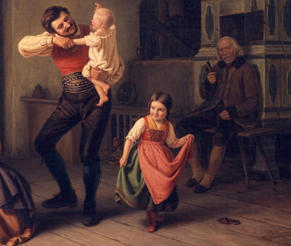 Ludwig Most, Rodzina tyrolska / Ojciec tańczy z małym dzieckiem na ręku, 1846, olej, płótno, Muzeum Narodowe w Szczecinie